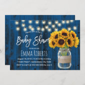 Sunflower Mason Jar Rustic Navy Blue Baby Shower Invitation (Front/Back)