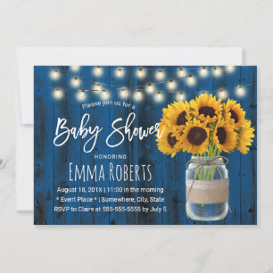 Sunflower Mason Jar Rustic Navy Blue Baby Shower Invitation