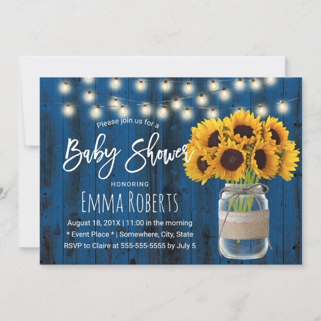 Sunflower Mason Jar Rustic Navy Blue Baby Shower Invitation (Front)