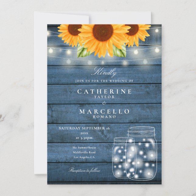 Sunflower Mason Jar Rustic String Lights Wedding Invitation (Front)