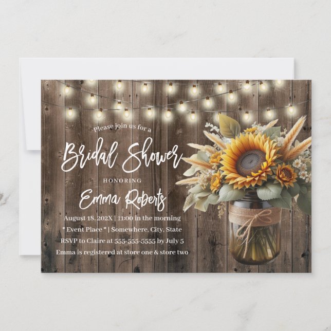 Sunflower Mason Jar Rustic Wedding Bridal Shower Invitation (Front)