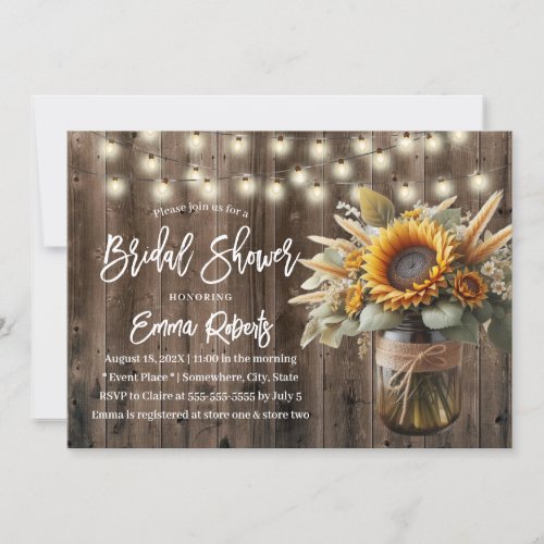Sunflower Mason Jar Rustic Wedding Bridal Shower Invitation