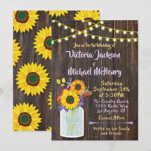 Sunflower Mason Jar Rustic Wood Wedding Invitation (Front/Back)