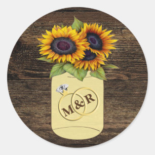 Sunflower Mason Jar Rustic Wooden Wedding Stickers