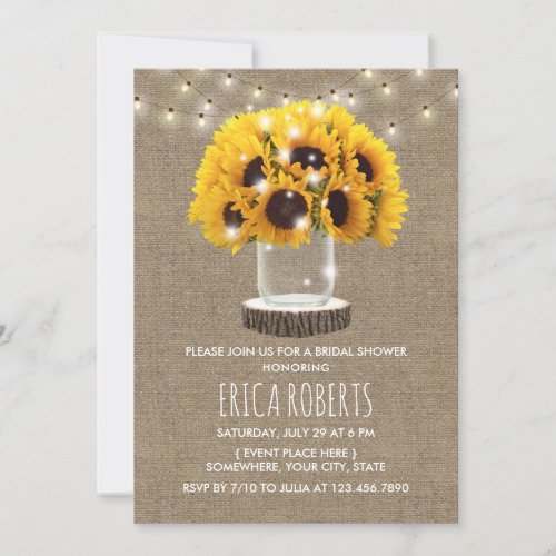 Sunflower Mason Jar  String Lights Bridal Shower Invitation