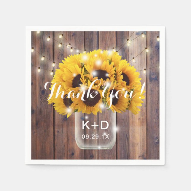 Sunflower Mason Jar String Lights Rustic Wedding Paper Napkins (Front)