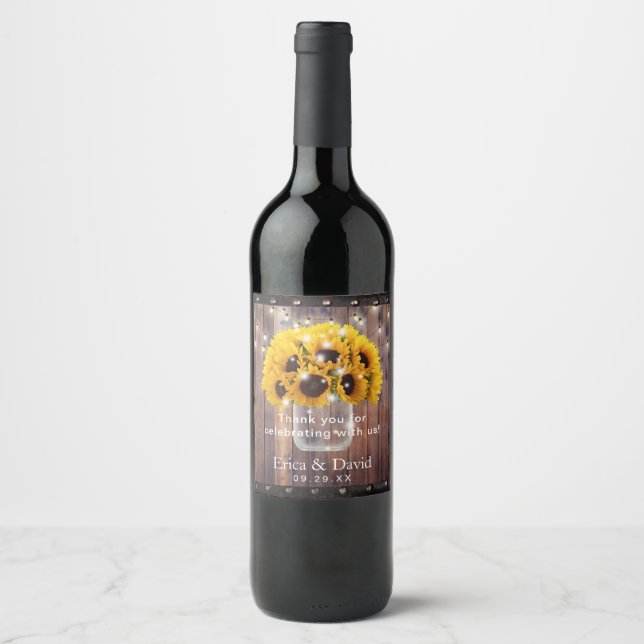 Sunflower Mason Jar String Lights Rustic Wedding Wine Label (Front)