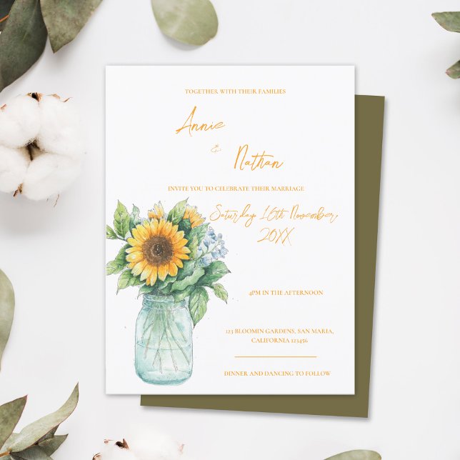 Sunflower Mason Jar Watercolor Wedding Invitation  Postcard (Sunflower Mason Jar Watercolor Wedding Invitation Postcard)