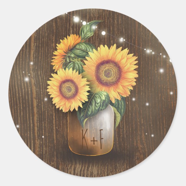 Sunflower Mason Jar Wedding Lights Rustic Classic Round Sticker