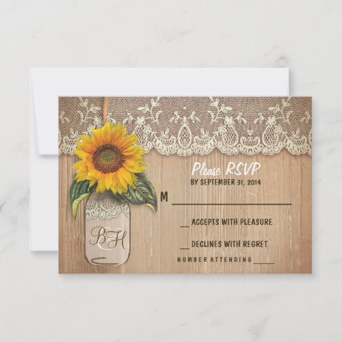 sunflower mason jar wedding RSVP cards - Rustic old wood background, vintage ivory lace and cute mason jar with sunflower blossom hanging on the little rope - perfect wedding RSVP cards for country wedding theme with mason jars and sunflowers accents.