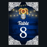 Sunflower Mason Jar Wedding Table Number Cards<br><div class="desc">Sunflower Mason Jar Wedding Table Number Cards - feature a royal navy or blue barn wood background trimmed with lace and decorated with warm colored string twinkle lights. The design also features a bouquet of sunflowers inside a mason jar that you can customize the initials to those of your choice....</div>