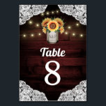 Sunflower Mason Jar Wedding Table Number Cards<br><div class="desc">Sunflower Mason Jar Wedding Table Number Cards - feature a deep red barn wood background trimmed with lace and decorated with warm colored string twinkle lights. The design also features a bouquet of sunflowers inside a mason jar that you can customize the initials to those of your choice.</div>