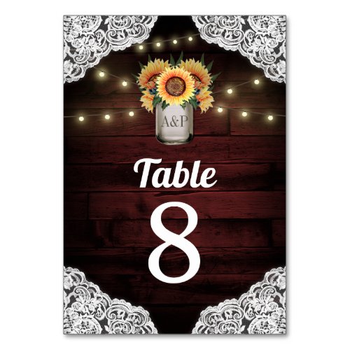 Sunflower Mason Jar Wedding Table Number Cards