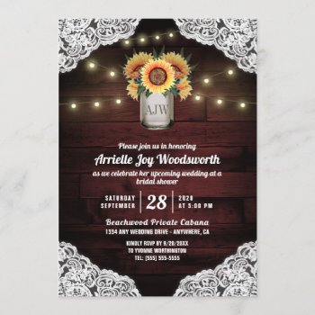 Sunflower Mason Jar Wood Bridal Shower Invitations by RusticWeddings at Zazzle