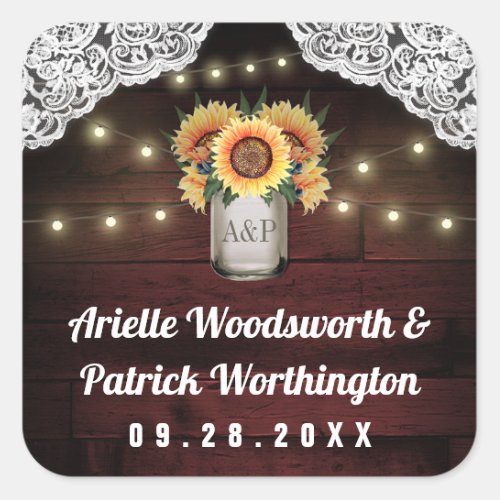 Sunflower Mason Jar Wood Lace Wedding Favor Square Sticker