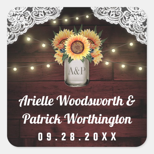 Sunflower Mason Jar Wood Lace Wedding Favor Square Sticker (Front)
