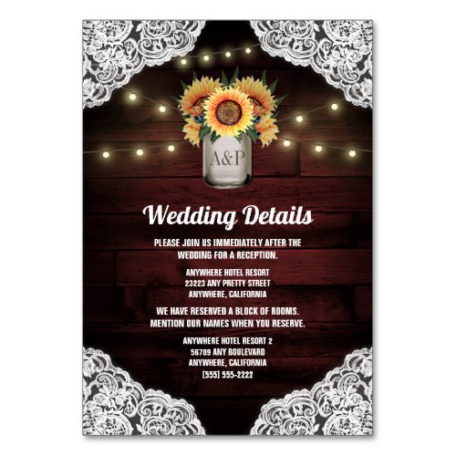 Sunflower Mason Jar Wood Lace Wedding Insert Cards