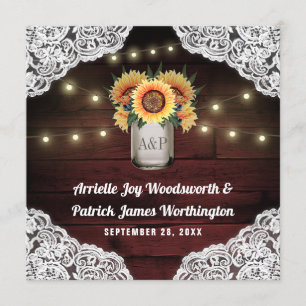 Sunflower Mason Jar Wood Lace Wedding Invitations