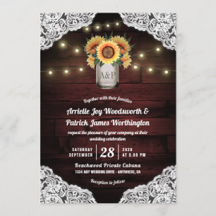 Sunflower Mason Jar Wood Lace Wedding Invitations
