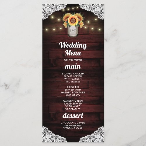Sunflower Mason Jar Wood Lace Wedding Menu Cards