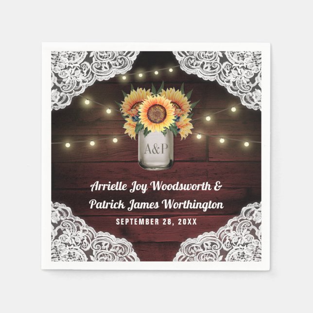 Sunflower Mason Jar Wood Lace Wedding Napkins (Front)