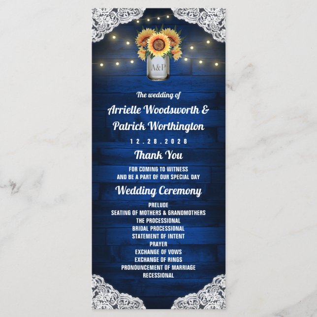 Sunflower Mason Jar Wood Lace Wedding Programs (Front)