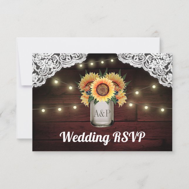 Sunflower Mason Jar Wood Lace Wedding RSVP Cards (Front)