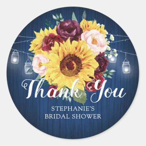 Sunflower Mason Jars Bridal Shower Thank You Classic Round Sticker