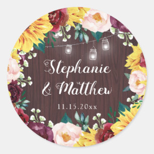 Sunflower Mason Jars Wood Burgundy Wedding Classic Round Sticker