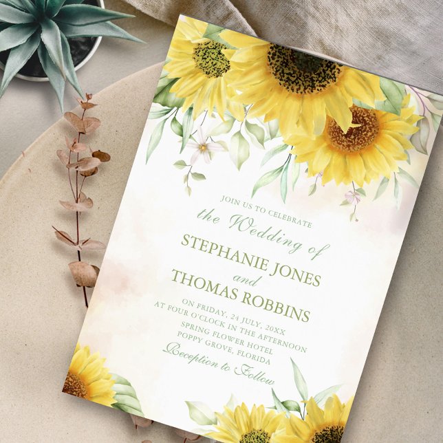 Sunflower Meadow Couple Photo Wedding Invitation (Sunflower Meadow Couple Photo Wedding Invitation on neutral ceramic plate.)