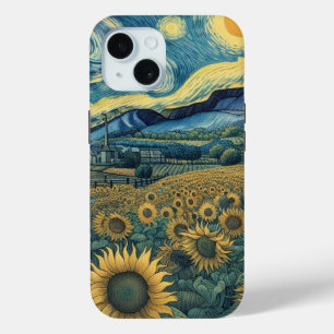 Sunflower Meadow in the Starry Night iPhone 15 Case