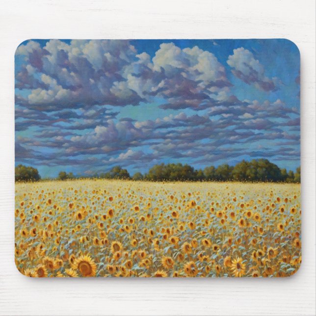 Sunflower Meadow Whimsical Art Cloudy Sky Mouse Pad (Front)