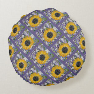 Sunflower Medley Lavendar Pattern Round Pillow