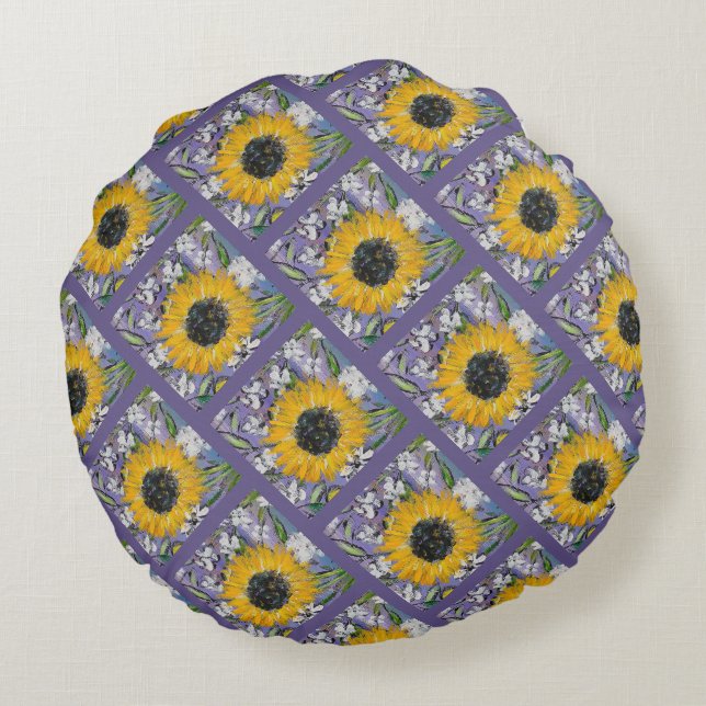Sunflower Medley Lavendar Pattern Round Pillow (Back)