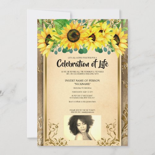 Sunflower memorial death anniversary sepia photo invitation