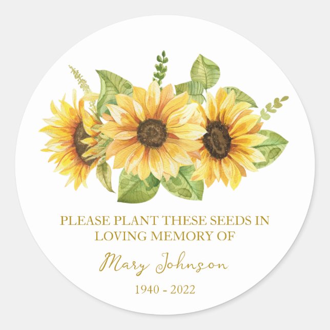 Sunflower Memorial Funeral Seed Packet Classic Round Sticker (Front)