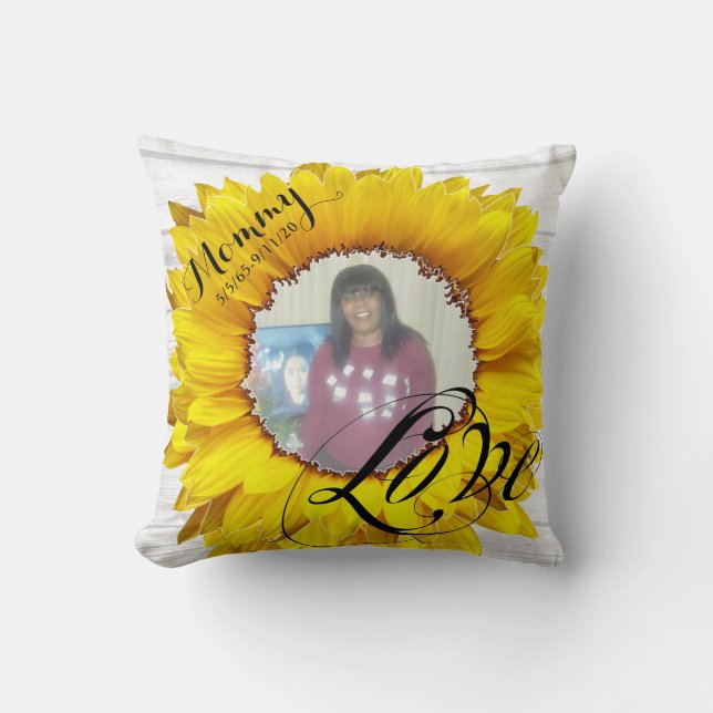 Sunflower Memorial Personalized Photo Text Throw Pillow (Front)