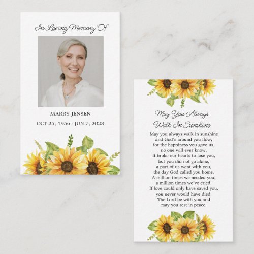 Sunflower Memorial Photo Funeral Prayer Card