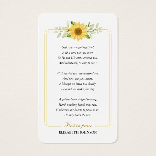 Sunflower Memorial Photo Funeral Prayer Card (Back)