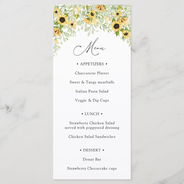 Sunflower Menu (Front)