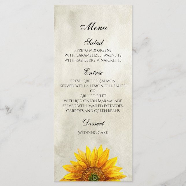 Sunflower menu. Rustic wedding dinner menu card (Front)