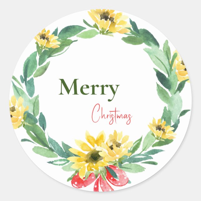 Sunflower Merry Christmas  Classic Round Sticker (Front)