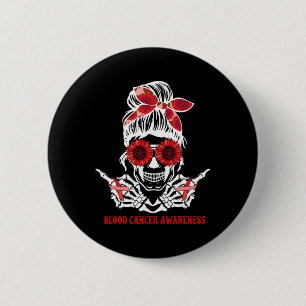 Sunflower Messy Bun Skull Red Ribbon Blood Cancer Button