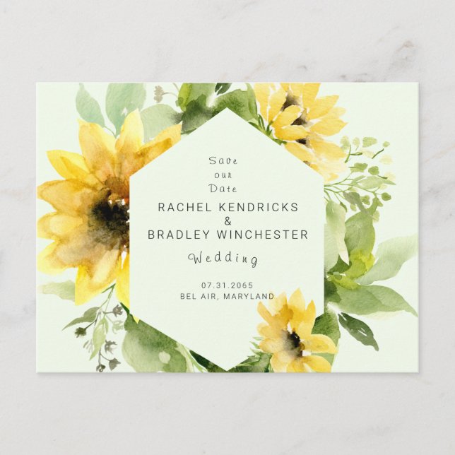 Sunflower Mint Wedding Save Our Date Announcement Postcard (Front)