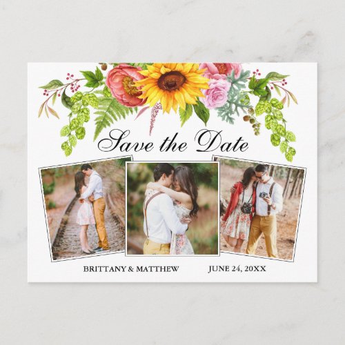 Sunflower Mixed Floral 3 Photo Save The Date Postcard