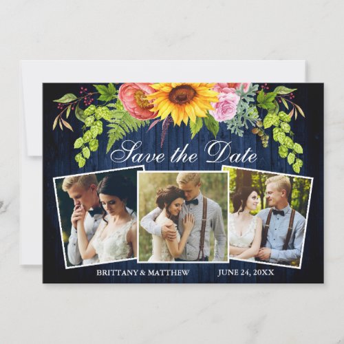 Sunflower Mixed Floral Blue Wood 3 Photo Save The Date