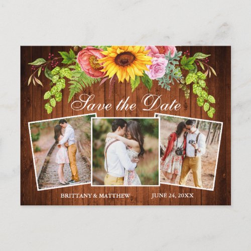 Sunflower Mixed Floral Wood 3 Photo Save The Date Postcard