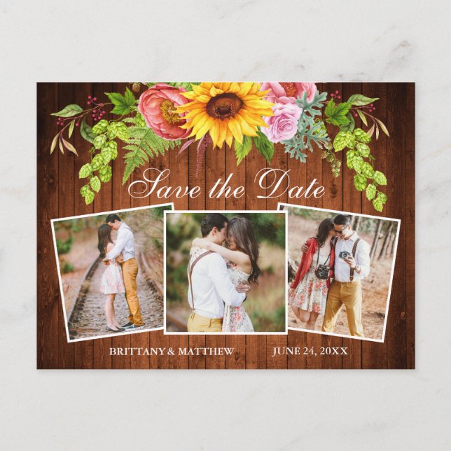 Sunflower Mixed Floral Wood 3 Photo Save The Date Postcard (Front)