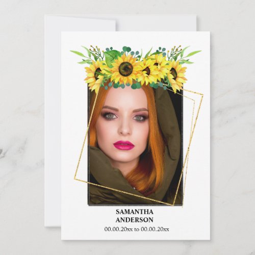 Sunflower modern color photo gold frame memorial invitation