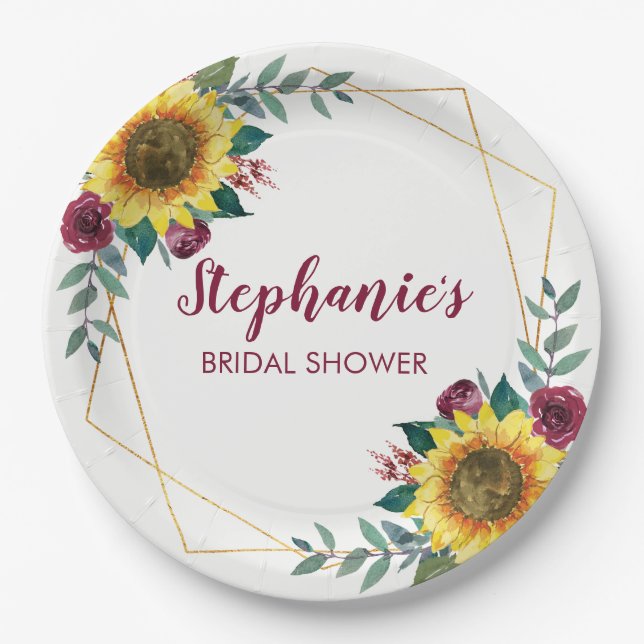 Sunflower Modern Floral Bridal Shower Paper Plates (Front)